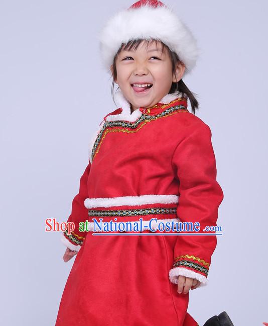 Traditional Chinese Mongolian Long Robe and Hat Complete Set for Girls