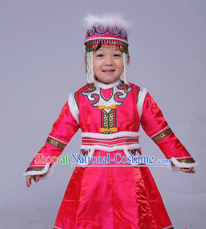 Traditional Chinese Mongolian Long Robe and Hat Complete Set Kids