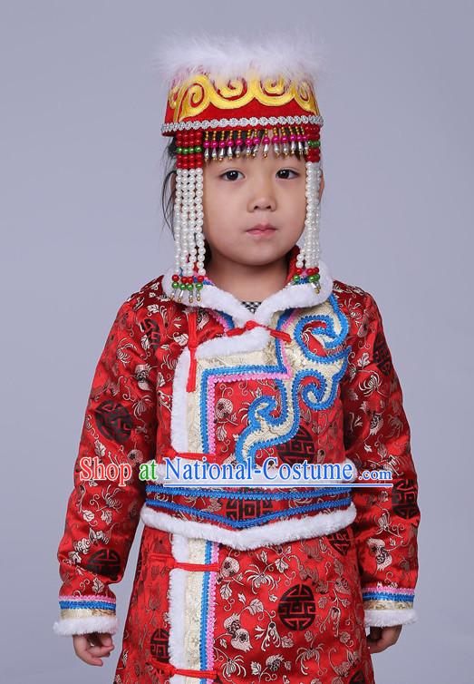 Traditional Chinese Mongolian Long Robe and Hat Complete Set Kids