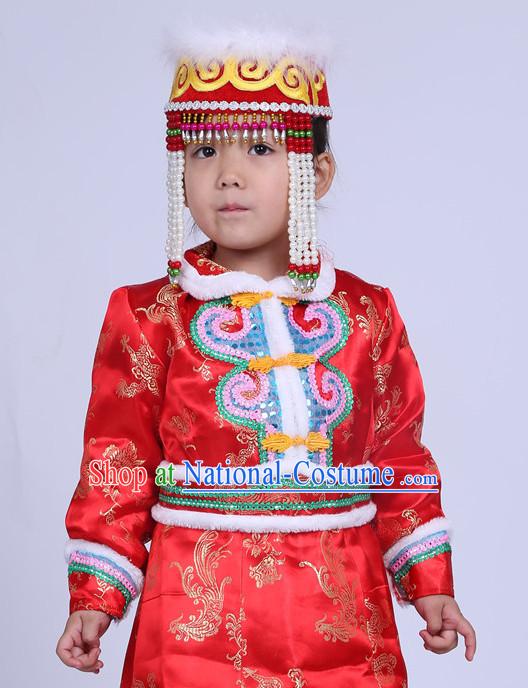 Traditional Chinese Mongolian Long Robe and Hat Complete Set Kids