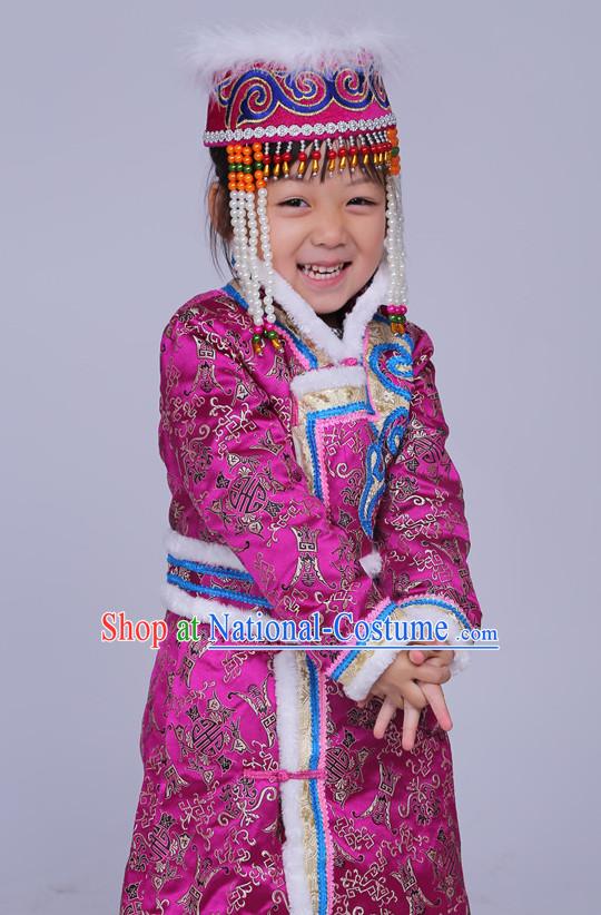 Traditional Chinese Mongolian Long Robe and Hat Complete Set Kids