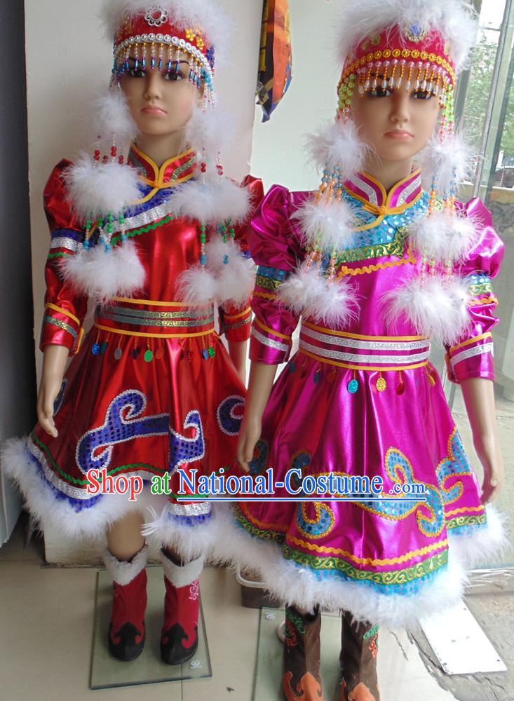 Traditional Chinese Mongolian Long Robe and Hat Complete Set Kids