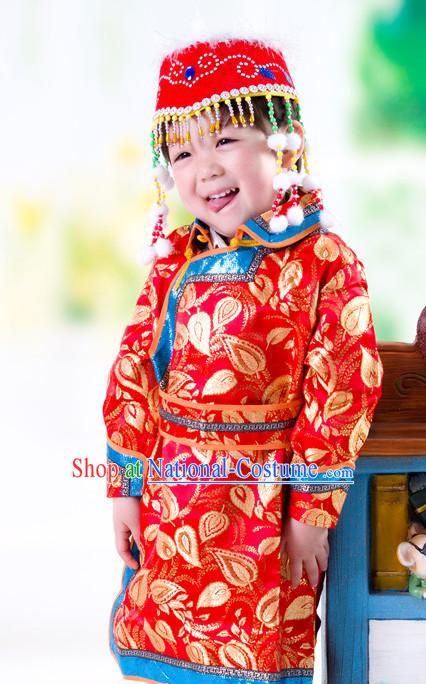 Traditional Chinese Mongolian Dress and Hat Complete Set Kids