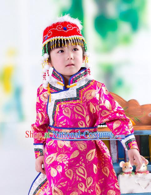 Traditional Chinese Mongolian Dress and Hat Complete Set Kids