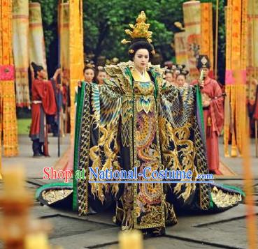 Traditional Chinese Wu Zetian Female Phoenix Emperor Dragon Robe and Crown Complete Set