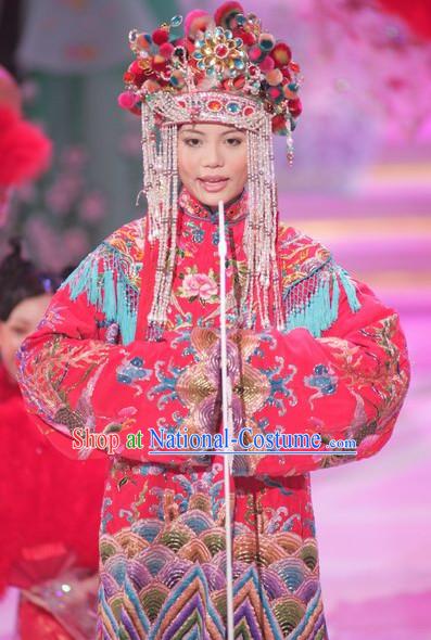 Traditional Chinese Classical Wedding Dress Clothes and Phoeninx Hat Complete Set for Women