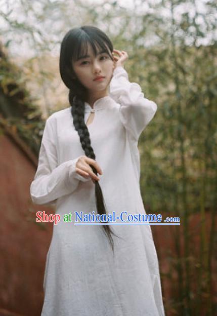 Chinese Traditional White Mandarin Long Jacket for Women