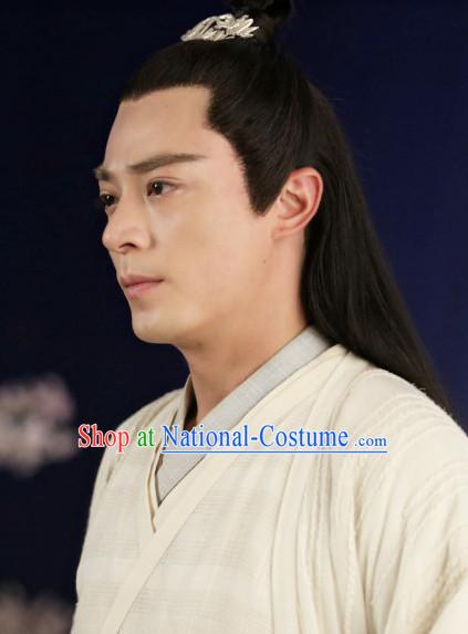 Handmade Chinese Guzhuang Long Black Wigs and Hair Accessories for Men