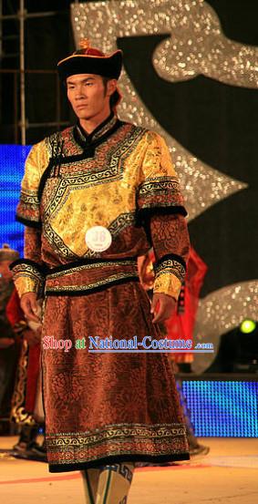 Traditional Chinese Mongolian Long Robes and Hat Complete Set for Men