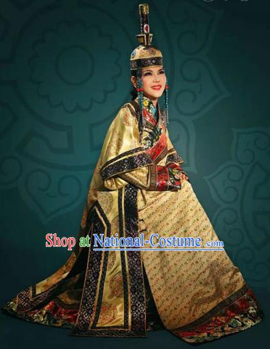 Traditional Chinese Mongolian Long Robes and Hat Complete Set for Women