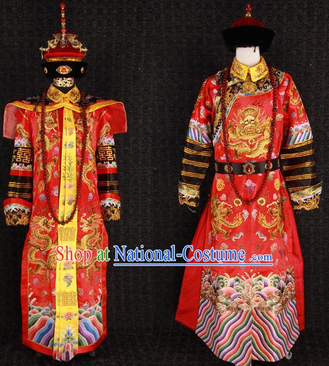 Ancient Chinese Princess Wedding Dress and Hat 2 Complete Sets for Men and Women