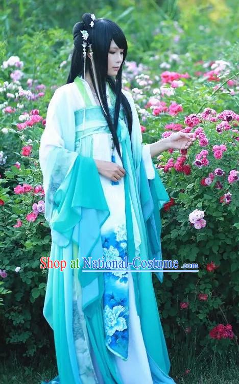 Blue White Ancient Chinese Poetess Costume Complete Set for Women