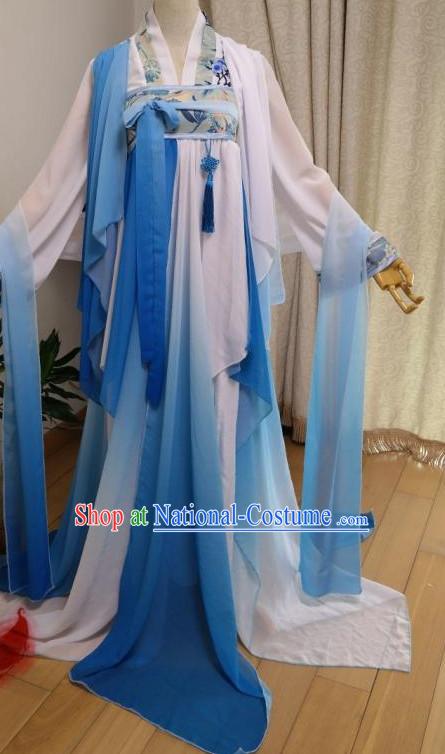 White Blue Ancient Chinese Dancer Costumes Complete Set for Women