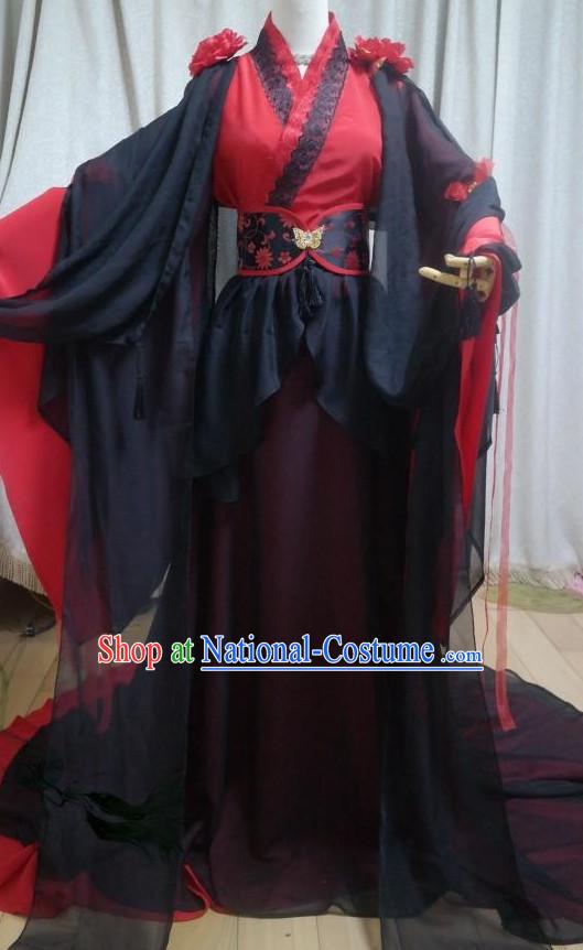 Red Black Ancient Chinese Swordwoman Clothes Complete Set for Women