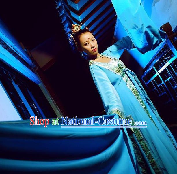 Water Sleeves Blue Chinese Classical Dancing Costumes and Hair Jewelry Complete Set for Women