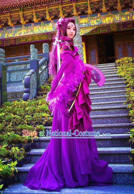 Purple Traditional Chinese Noblewoman Costumes and Long Wigs Complete Set for Women