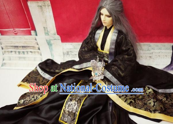 Black Traditional Chinese Swordsman Costumes and Long Wigs Complete Set for Men