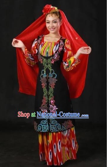 Traditional Chinese Ethnic Uzbekistan Clothing and Hat Complete Set for Women