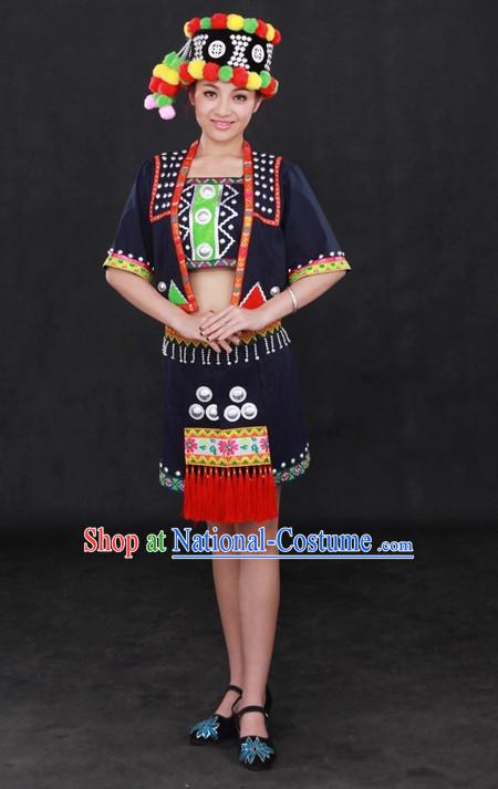 Traditional Chinese Ethnic Minority Wa People Clothing and Hat Complete Set for Women