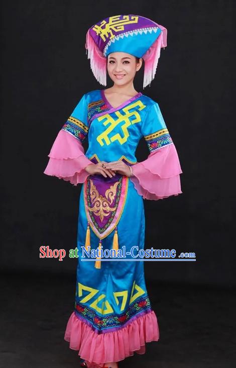 Traditional Chinese Ethnic Minority Zhuang People Clothing and Hat Complete Set for Women