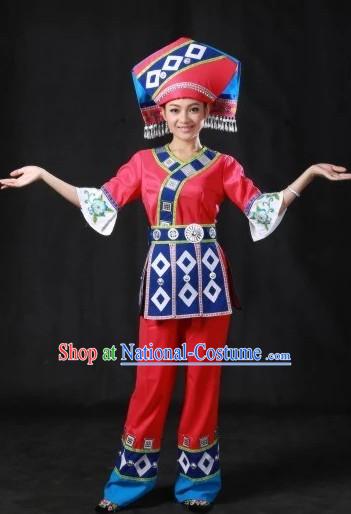 Traditional Chinese Ethnic Zhuang People Folk Clothes and Hat Complete Set for Women