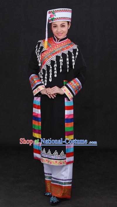 Traditional Chinese Ethnic Lahu Nationality People Folk Dresses and Hat Complete Set for Women