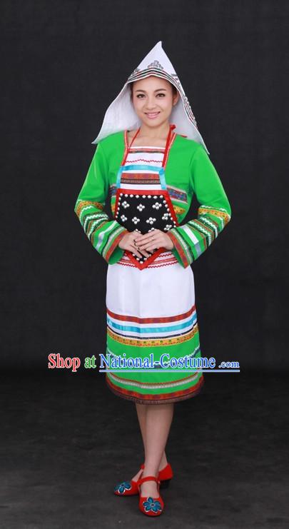 Traditional Chinese Ethnic Jino Nationality People Folk Dresses and Hat Complete Set for Women