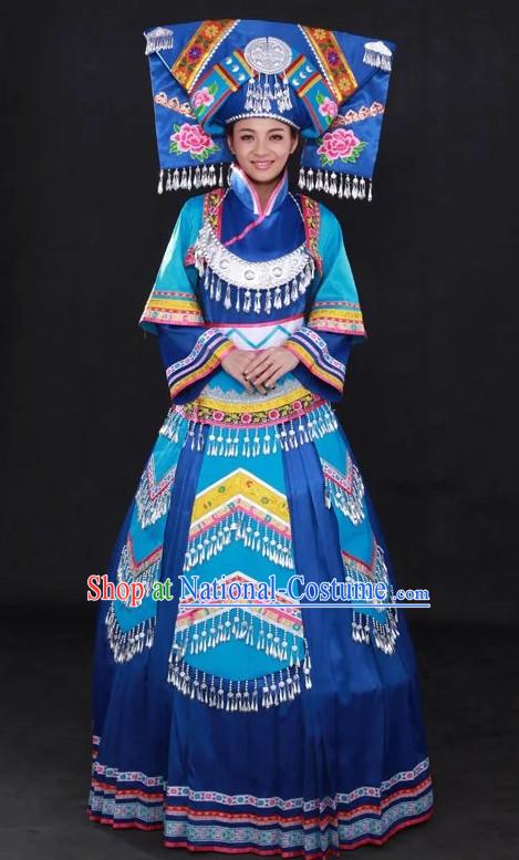 Traditional Chinese Ethnic Zhuang Nationality People Folk Dresses and Hat Complete Set for Women