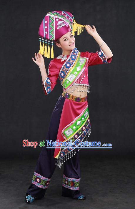 Traditional Chinese Ethnic Zhuang Nationality People Folk Dresses and Hat Complete Set for Women