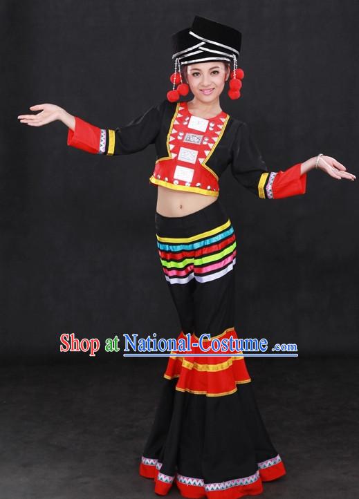 Traditional Chinese Ethnic Achang Nationality People Folk Dresses and Hat Complete Set for Women