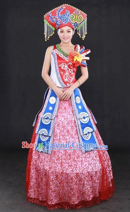 Traditional Chinese Zhuang People Folk Dresses and Hat Complete Set for Women