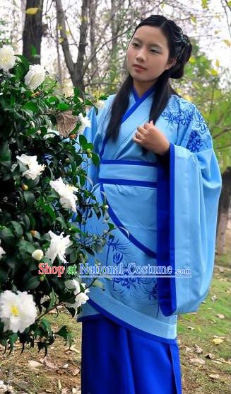 Blue Chinese Folk Hanfu Robe Suit Complete Set for Women