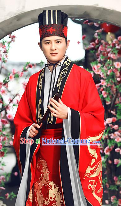 Red Chinese Ancient Bridegroom Wedding Dresses and Hat Complete Set for Men