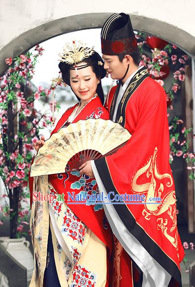 Red Chinese Ancient Wedding Dresses and Headwear Complete Sets for Men and Women