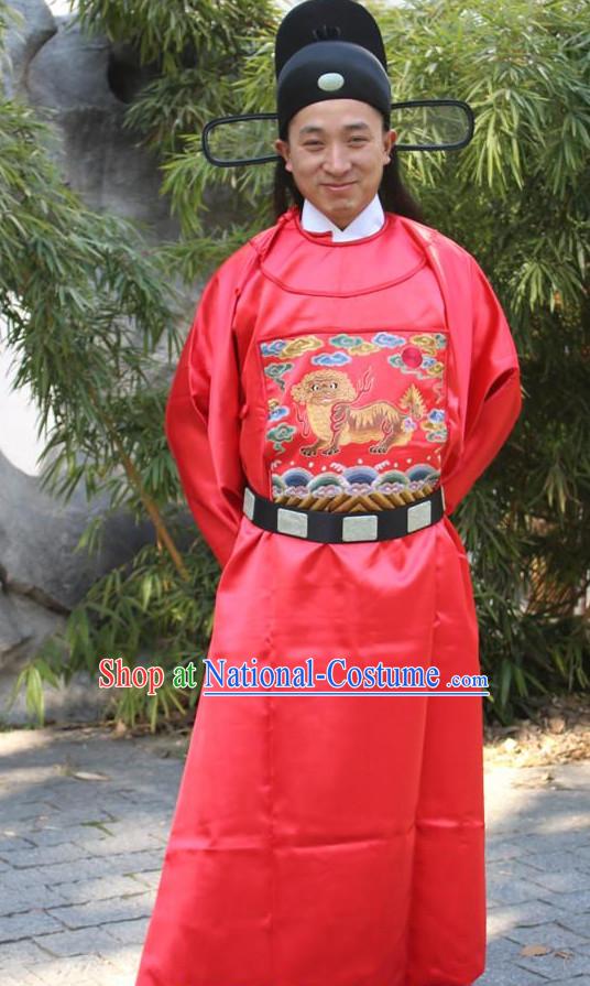 Chinese Ancient Ming Dynasty Prime Minister Costumes and Hat Complete Set for Men