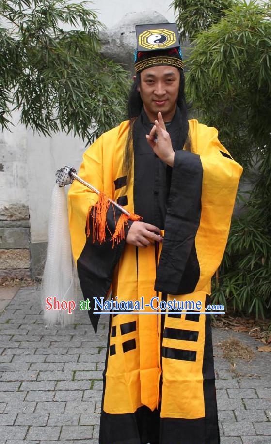 Chinese Ancient Taoist Costumes and Hat Complete Set for Men