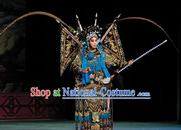 Black Chinese Traditonal Beijing Opera Wu Tan Costumes and Helmet Complete Set