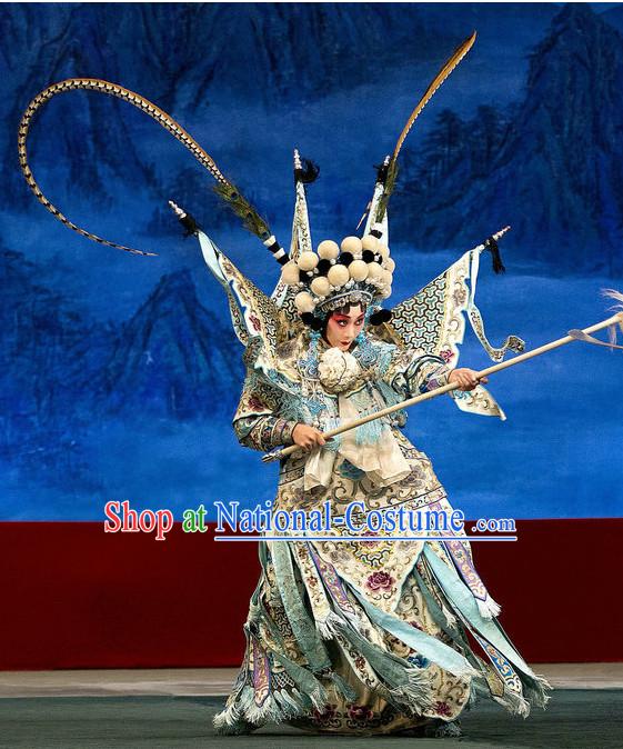 Ancient Chinese Traditonal Beijing Opera Wu Tan Costumes and Helmet Complete Set