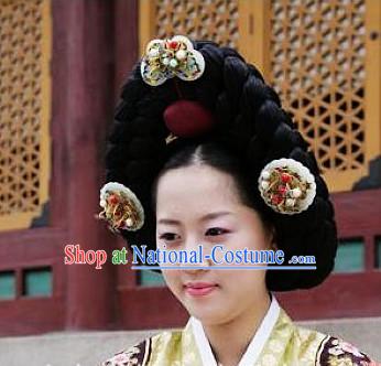 Ancient Korean Palace Lady Long Black Wigs and Hair Jewelry Accessories Complete Set