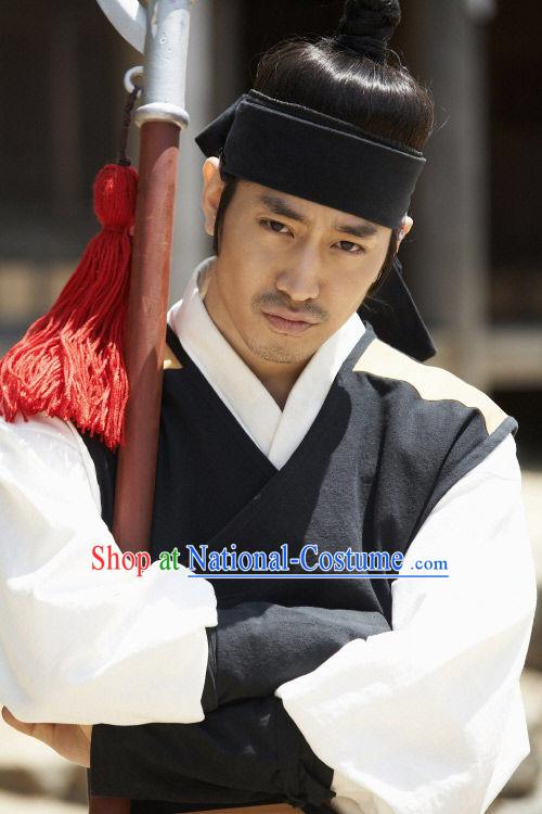 Ancient Korean Black and White Swordsman Costume and Hair Accessories Complete Set