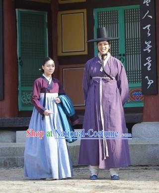 Ancient Korean Husband and Wife Costume and Hat 2 Complete Sets