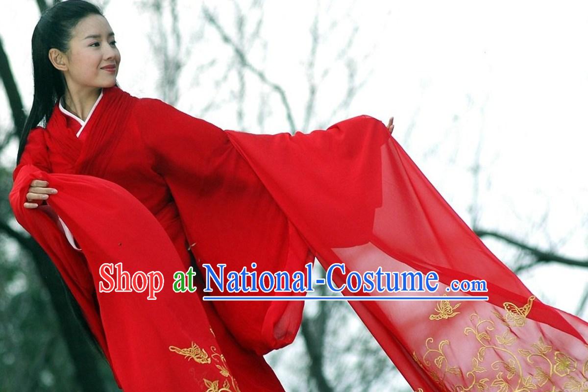 Ancient Red Wide Sleeves Hanfu Butterfly Costumes