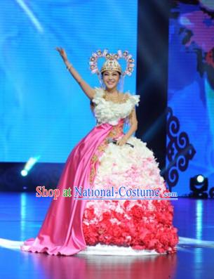 Asian Stage Performance Flower Dance Costumes and Headwear Complete Set for Women