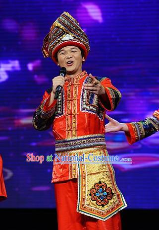 Chinese Ethnic Clothing Minority Dresses and Hat Complete Set for Zhuang People