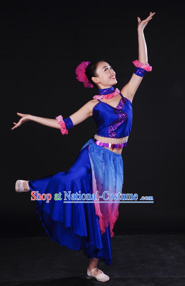 Asian Deep Blue Ocean Dancewear and Headwear Complete Set for Women