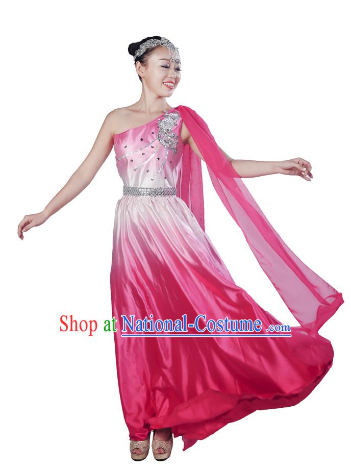 Chinese Color Transition Dance Dresses and Headwear Complete Set for Women