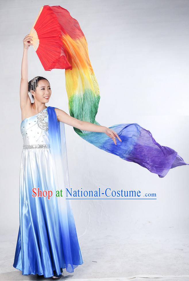 Rainbow Color Pure Silk Dance Fan