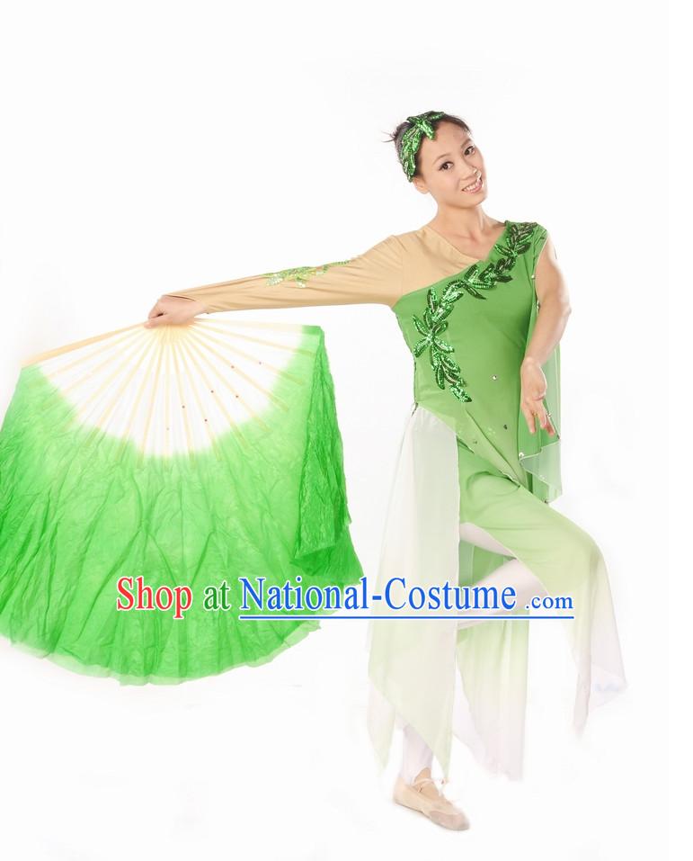 Green White Pure Silk Dancing Fan