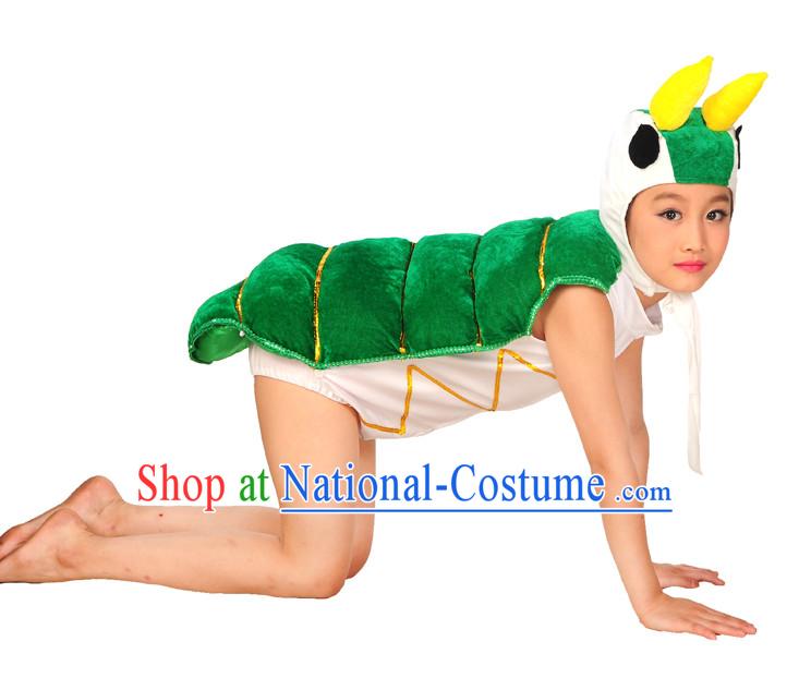 Group Green Silkworm Dance Costumes and Red Leaf Hair Decorations for Kids