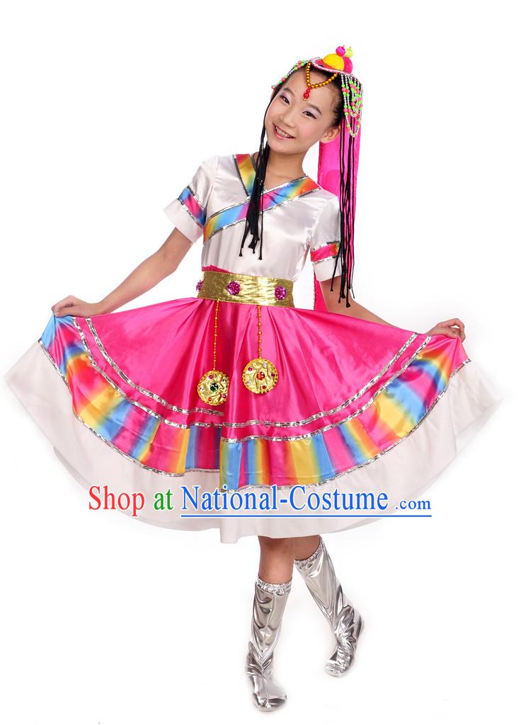 Tibetan Dance Costumesand Hair Decoration Complete Set for Kids